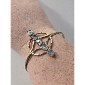 Vintage Gold-Tone 5 Stone Cuff Bracelet Textured Raw Uncut Gemstones Bezel Set